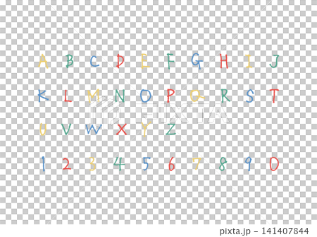 A stylish, hand-drawn set of alphabet letters and numbers (colorful). 141407844