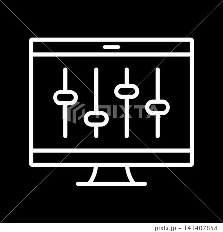 黒背景に白のラインで描かれたPCモニターとスライダー調整コントロールのベクターアイコン 黒背景に白のラインで描かれたPCモニターとスライダー調整コントロールのベクターアイコン 141407858
