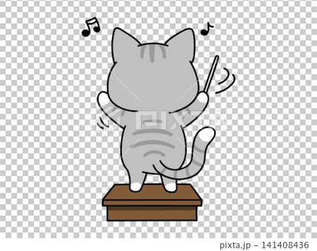 An illustration of a cat with its back to the camera conducting an orchestra or choir. An illustration of a cat with its back to the camera conducting an orchestra or choir. 141408436