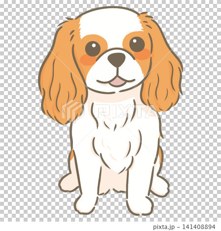 一幅手繪線條藝術插圖，描繪了一隻坐著向前看的查理王小獵犬。 141408894