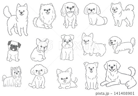 15種類の色々な犬種の線画イラスト、ペットショップや動物病院などペット関連で使える挿絵イラスト 15種類の色々な犬種の線画イラスト、ペットショップや動物病院などペット関連で使える挿絵イラスト 141408901