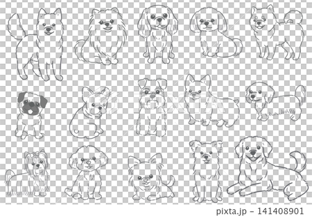 Line art illustrations of 15 different dog breeds, suitable for use in pet shops, veterinary clinics, and other pet-related businesses. Line art illustrations of 15 different dog breeds, suitable for use in pet shops, veterinary clinics, and other pet-related businesses. 141408901