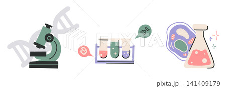 Vector clip art set DNA research. Collection of illustrations scientific research and exploration. Vector clip art set DNA research. Collection of illustrations scientific research and exploration. 141409179