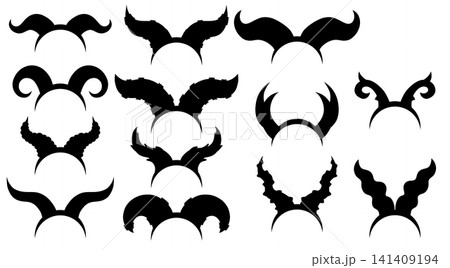 Vector set of black silhouette of hair band with various devil horns. Mythology accessories for hair. Collection of shadow of headband fantasy horns 141409194