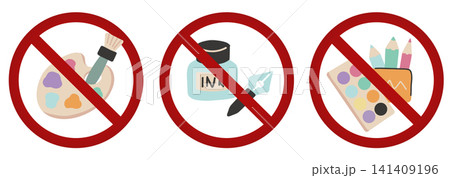 Vector set of signs prohibiting creativity. Drawing is forbidden. The use of paints, inks, and pencils in ban. Vector set of signs prohibiting creativity. Drawing is forbidden. The use of paints, inks, and pencils in ban. 141409196