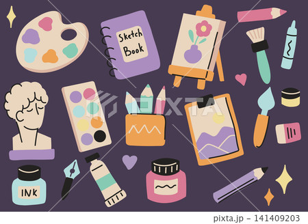 Vector set of art supplies clip arts in a modern naive style. Collection of hand drawn paints, sculptures, palettes Vector set of art supplies clip arts in a modern naive style. Collection of hand drawn paints, sculptures, palettes 141409203