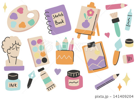 Vector set of art supplies in a modern naive style. Collection of hand drawn paints, sculptures, palettes, brushes, easels, and sketchbooks Vector set of art supplies in a modern naive style. Collection of hand drawn paints, sculptures, palettes, brushes, easels, and sketchbooks 141409204