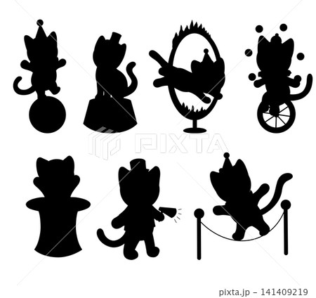 Vector collection of black silhouette of circus cats. Set of prints of pets, performing acrobats and wizards Vector collection of black silhouette of circus cats. Set of prints of pets, performing acrobats and wizards 141409219