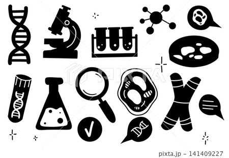 Vector monochrome clip art set DNA research. Collection of black silhouette depicting scientific research and exploration. Vector monochrome clip art set DNA research. Collection of black silhouette depicting scientific research and exploration. 141409227