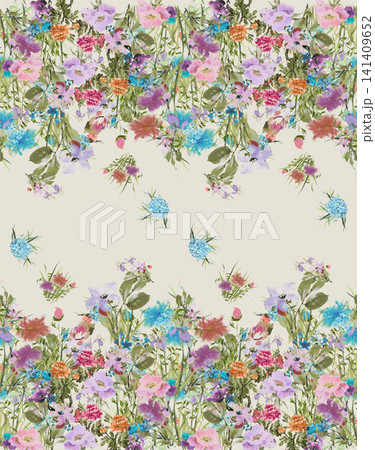 Soft Pastel Watercolor Tulip Rose and Ditsy Wildflower Seamless Pattern Collection 141409652