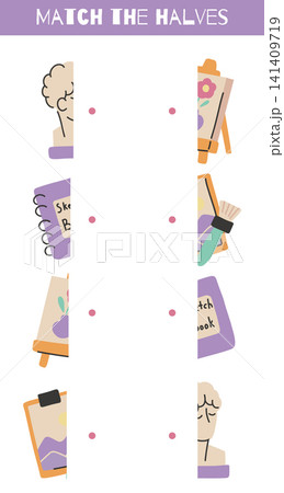 Vector educational game for kids. Find the half. Fun and colorful matching activity with artist supplies Vector educational game for kids. Find the half. Fun and colorful matching activity with artist supplies 141409719