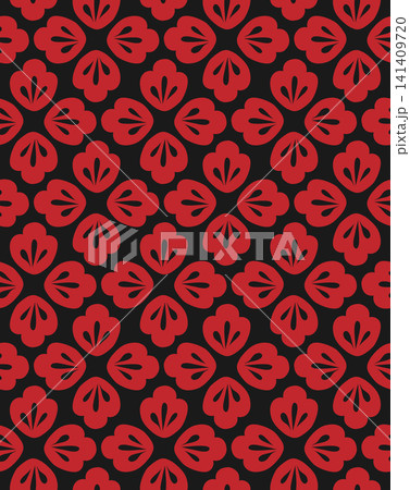 Vector decorative seamless pattern with tiny red flowers on black background. Folk art floral tile texture. Wallpaper with red wildflower silhouettes. Vector decorative seamless pattern with tiny red flowers on black background. Folk art floral tile texture. Wallpaper with red wildflower silhouettes. 141409720