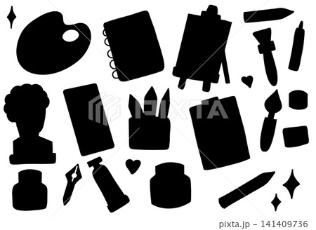 Vector set of black print of art supplies. Monochrome collection of silhouette of hand drawn paints, sculptures, palettes, brushes Vector set of black print of art supplies. Monochrome collection of silhouette of hand drawn paints, sculptures, palettes, brushes 141409736