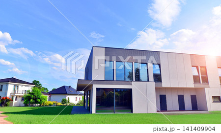 Modern rectangular minimalist semi detached house for families. Modern design, technology, and real estate market concept. Modern rectangular minimalist semi detached house for families. Modern design, technology, and real estate market concept. 141409904