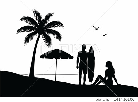 Silhouette of a surfing couple on a tropical beach with palm trees and umbrellas. 141410106