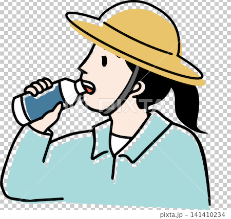 水分補給をする帽子を被った女性の農家(熱中症対策・現場) 水分補給をする帽子を被った女性の農家(熱中症対策・現場) 141410234