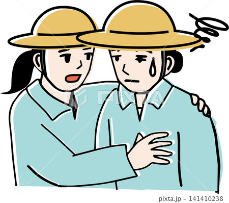 熱中症で倒れそうな仲間を支え声をかける農家のカラーイラスト（女性） 141410238
