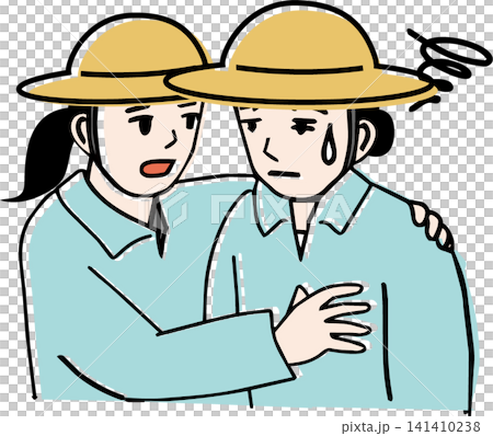 熱中症で倒れそうな仲間を支え声をかける農家のカラーイラスト（女性） 141410238