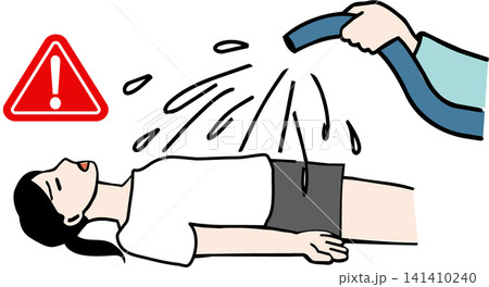 熱中症の応急処置で体に水をかけて冷却する農家のカラーイラスト(女性) 熱中症の応急処置で体に水をかけて冷却する農家のカラーイラスト(女性) 141410240
