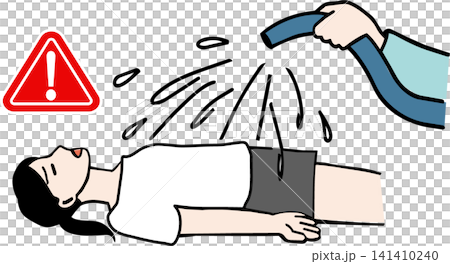 熱中症の応急処置で体に水をかけて冷却する農家のカラーイラスト(女性) 熱中症の応急処置で体に水をかけて冷却する農家のカラーイラスト(女性) 141410240