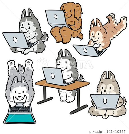 vector set of dog using laptop 141410335
