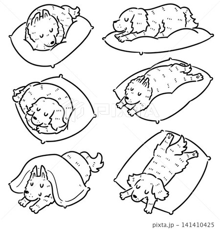 Hand drawn illustration of dog lying on pillow 141410425