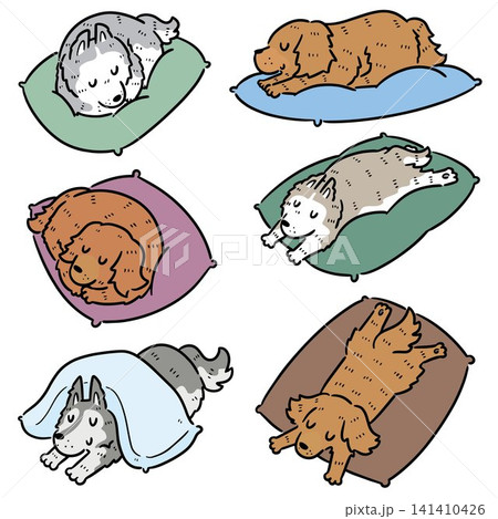 Hand drawn illustration of dog lying on pillow 141410426