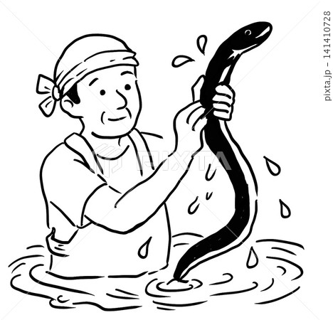 うなぎを捕まえて引き上げる線画イラスト うなぎを捕まえて引き上げる線画イラスト 141410728