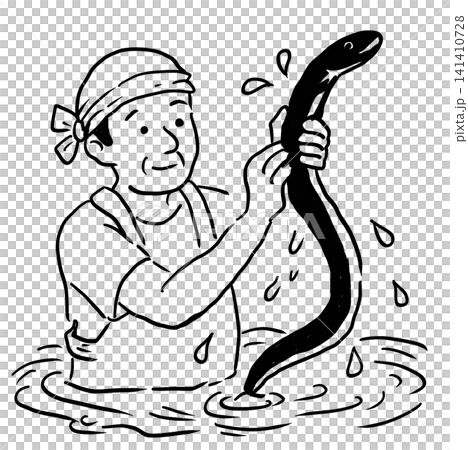 うなぎを捕まえて引き上げる線画イラスト うなぎを捕まえて引き上げる線画イラスト 141410728