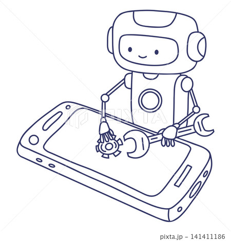 Robot Repairing Smartphone Screen Line Art. Friendly Cyborg Assistant Fixing Mobile Phone with Wrench. Vector Illustration for App Development, Tech Support and No-Code Device Customization Design. Robot Repairing Smartphone Screen Line Art. Friendly Cyborg Assistant Fixing Mobile Phone with Wrench. Vector Illustration for App Development, Tech Support and No-Code Device Customization Design. 141411186