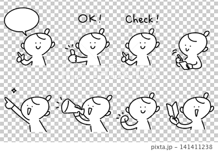 A set of cute hand-drawn female expressions and poses: pointing finger, OK sign, checkmark, megaphone, beginner's mark. A set of cute hand-drawn female expressions and poses: pointing finger, OK sign, checkmark, megaphone, beginner's mark. 141411238