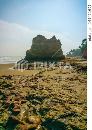 Aerial view of coastal rock formations rising from the sea with crashing waves and sandy beach in Indonesia Aerial view of coastal rock formations rising from the sea with crashing waves and sandy beach in Indonesia 141411691