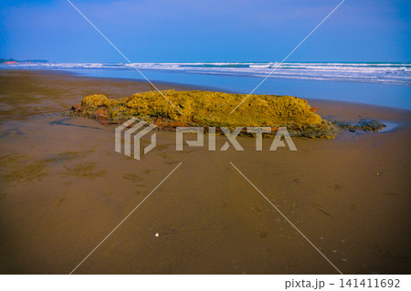 Aerial view of coastal rock formations rising from the sea with crashing waves and sandy beach in Indonesia 141411692