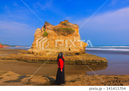 Aerial view of coastal rock formations rising from the sea with crashing waves and sandy beach in Indonesia Aerial view of coastal rock formations rising from the sea with crashing waves and sandy beach in Indonesia 141411704