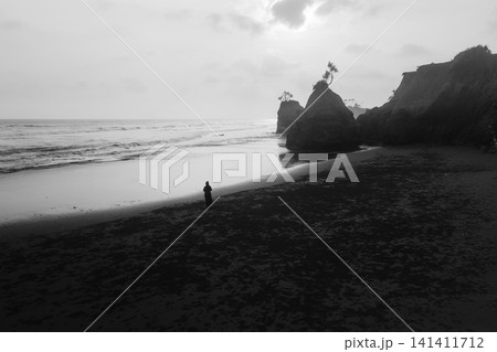 Aerial view of coastal rock formations rising from the sea with crashing waves and sandy beach in Indonesia 141411712