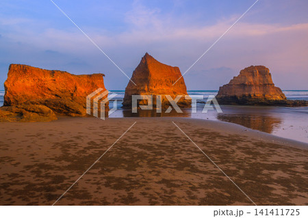 Aerial view of coastal rock formations rising from the sea with crashing waves and sandy beach in Indonesia Aerial view of coastal rock formations rising from the sea with crashing waves and sandy beach in Indonesia 141411725
