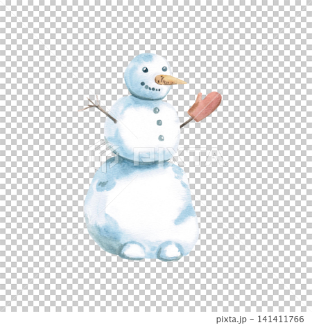 A cute snowman with a carrot nose and a red mitten. Isolated watercolor illustration for children's cards, New Year's products, web design, and holiday Christmas projects. A cute snowman with a carrot nose and a red mitten. Isolated watercolor illustration for children's cards, New Year's products, web design, and holiday Christmas projects. 141411766