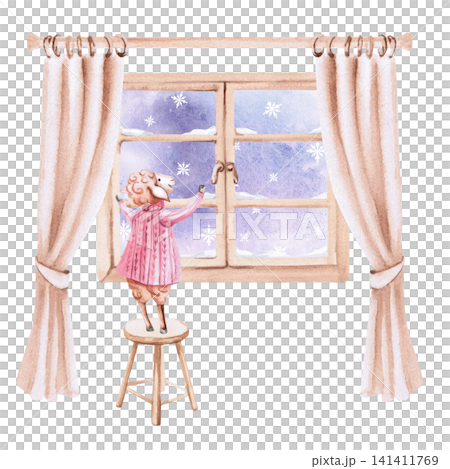 A sheep in a sweater by the window, looking at snowflakes. Isolated watercolor illustration for children's book designs, websites, advertising, Christmas cards, winter calendars, and textiles. A sheep in a sweater by the window, looking at snowflakes. Isolated watercolor illustration for children's book designs, websites, advertising, Christmas cards, winter calendars, and textiles. 141411769