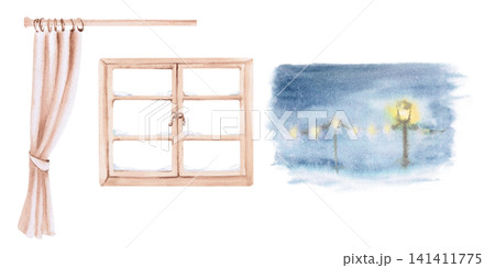 Isolated watercolor set with a window, curtain and winter landscape to create an atmosphere of warmth and tranquility, design for Christmas cards, packaging, websites, blogs, children's books. Isolated watercolor set with a window, curtain and winter landscape to create an atmosphere of warmth and tranquility, design for Christmas cards, packaging, websites, blogs, children's books. 141411775