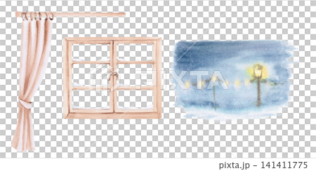 Isolated watercolor set with a window, curtain and winter landscape to create an atmosphere of warmth and tranquility, design for Christmas cards, packaging, websites, blogs, children's books. Isolated watercolor set with a window, curtain and winter landscape to create an atmosphere of warmth and tranquility, design for Christmas cards, packaging, websites, blogs, children's books. 141411775