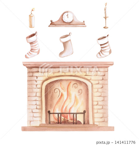 A fireplace with a burning fire, a candle, a clock, and three festive stockings. Isolated watercolor illustration for the design of Christmas cards, calendars, packaging, children's products, decor. A fireplace with a burning fire, a candle, a clock, and three festive stockings. Isolated watercolor illustration for the design of Christmas cards, calendars, packaging, children's products, decor. 141411776