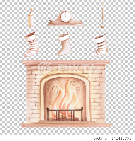 A fireplace with a burning fire, a candle, a clock, and three festive stockings. Isolated watercolor illustration for the design of Christmas cards, calendars, packaging, children's products, decor. A fireplace with a burning fire, a candle, a clock, and three festive stockings. Isolated watercolor illustration for the design of Christmas cards, calendars, packaging, children's products, decor. 141411776