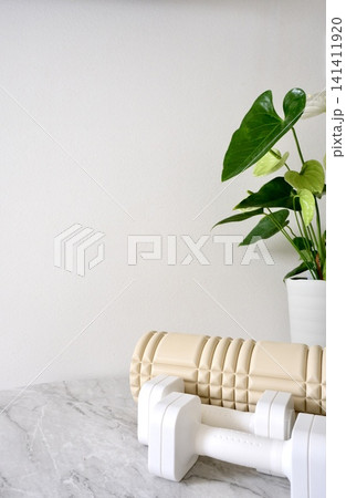フィットネス用品を並べたシンプルな背景 フィットネス用品を並べたシンプルな背景 141411920
