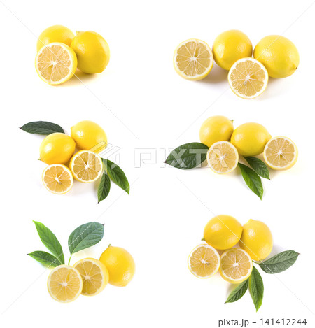 Lemons with leaves on a white background. Fresh lemons on a white background. Lemons with leaves on a white background. Fresh lemons on a white background. 141412244