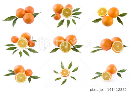 Oranges on a white background. Fresh citrus fruits on a white background. Oranges on a white background. Fresh citrus fruits on a white background. 141412282