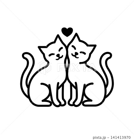 Line icon of two cats sitting together with tails intertwined and a heart above. Ideal for pet romance, adoption, and affection. Line icon of two cats sitting together with tails intertwined and a heart above. Ideal for pet romance, adoption, and affection. 141413970