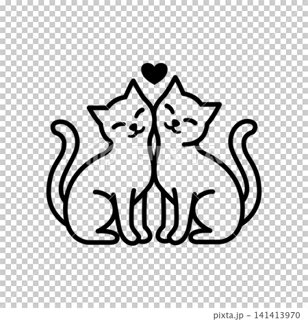 Line icon of two cats sitting together with tails intertwined and a heart above. Ideal for pet romance, adoption, and affection. Line icon of two cats sitting together with tails intertwined and a heart above. Ideal for pet romance, adoption, and affection. 141413970