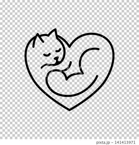 Minimalist icon featuring a cat sleeping inside a heart shape. Perfect for pet rescue, cat adoption, and pet love campaigns. 141413971