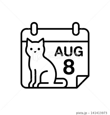 Line art calendar icon marked with August 8 and a cat silhouette. Designed specifically for International Cat Day event promo. 141413973