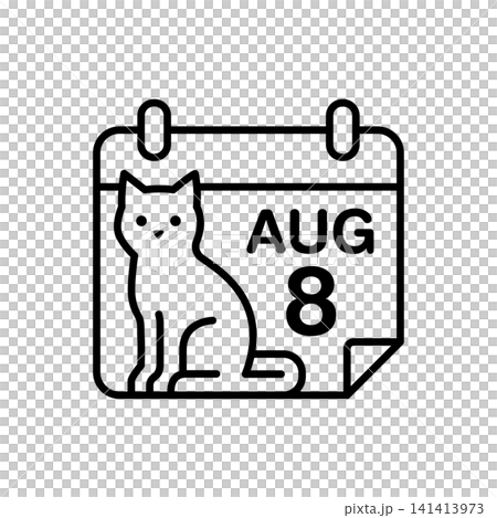 Line art calendar icon marked with August 8 and a cat silhouette. Designed specifically for International Cat Day event promo. 141413973